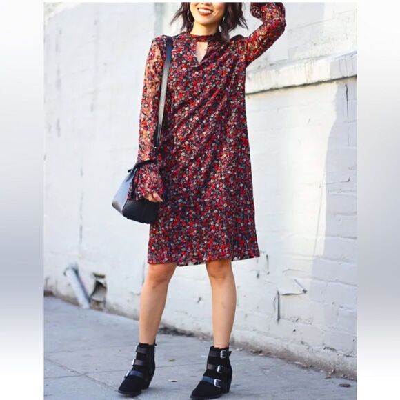 LIBBY EDELMAN ALL OVER FLORAL MINI DRESS FLOWER BOHO SHEER DRESS - Picture 1 of 8